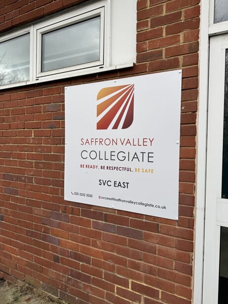 An image of the exterior Saffron Valley Collegiate signage.